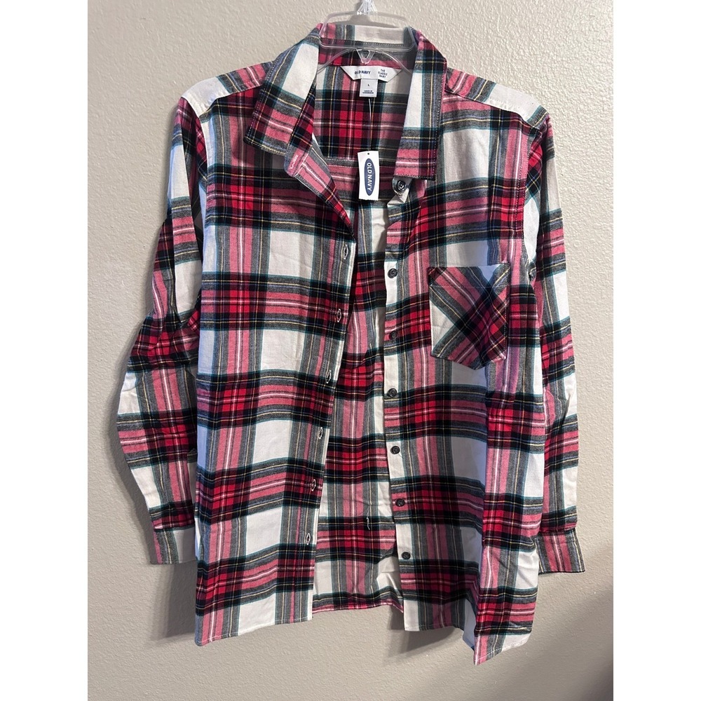 Old Navy The Classic Shirt Flannel Plaid Button Down Long Sleeve Red White L